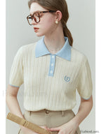 College Style Color Matching T Shirt Beige and Blue / S