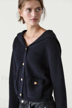 College Style Navy Collar Knit Cardigan