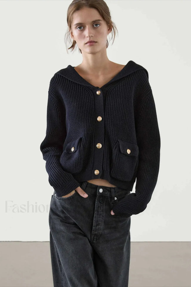 College Style Navy Collar Knit Cardigan Main image