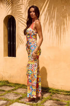 Color Block Neck Split Party Style Floral Dress