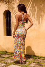 Color Block Neck Split Party Style Floral Dress