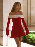 Color Block Off Shoulder Long Sleeve Short Dress Red / XS Dresses