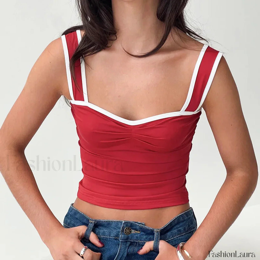 Color Block Square Crop Top Red / S