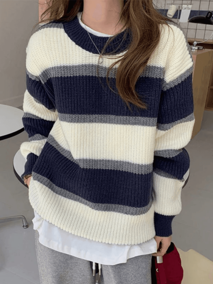 Color Block Striped Knit Sweater Blue / ONE SIZE Sweaters