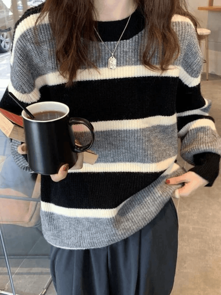 Color Block Striped Knit Sweater Gray / ONE SIZE Sweaters