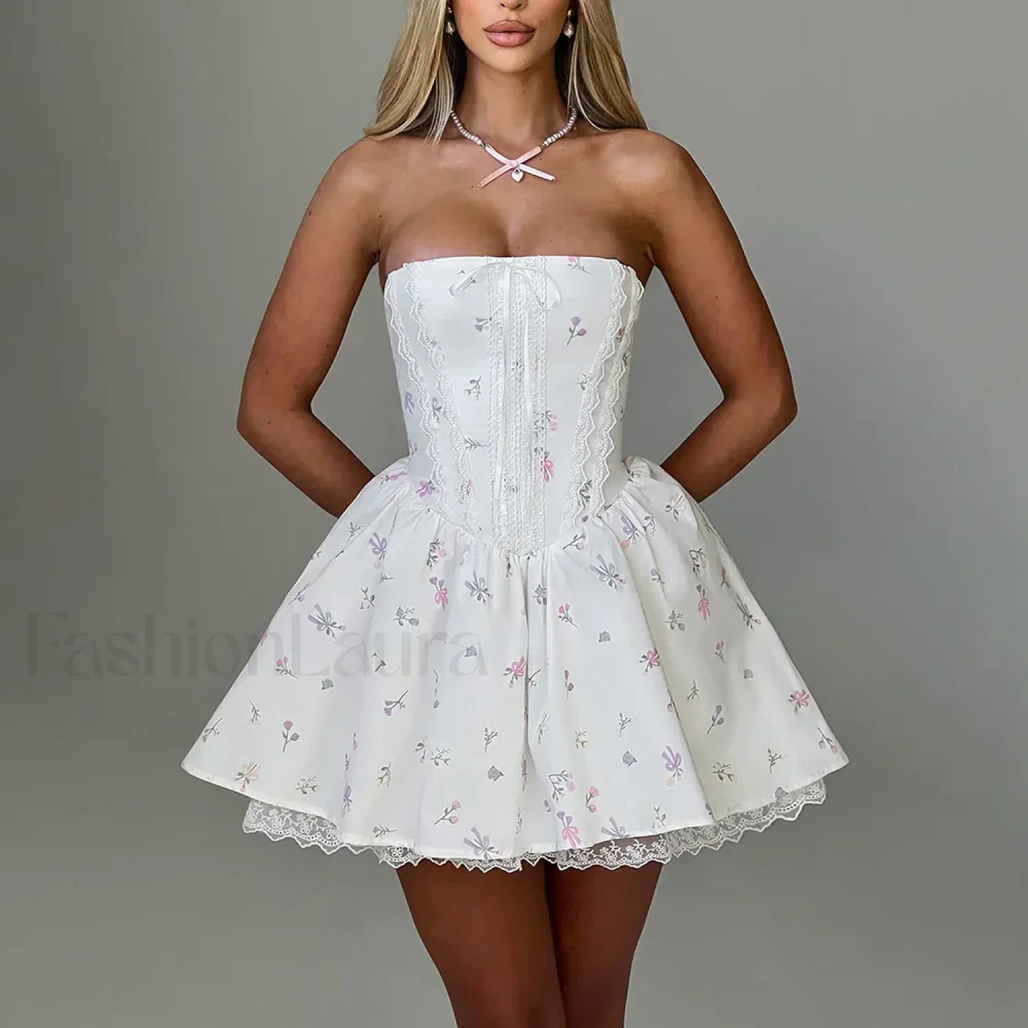 Colorblock Strapless A Line Floral Dress WHITE / S Main image