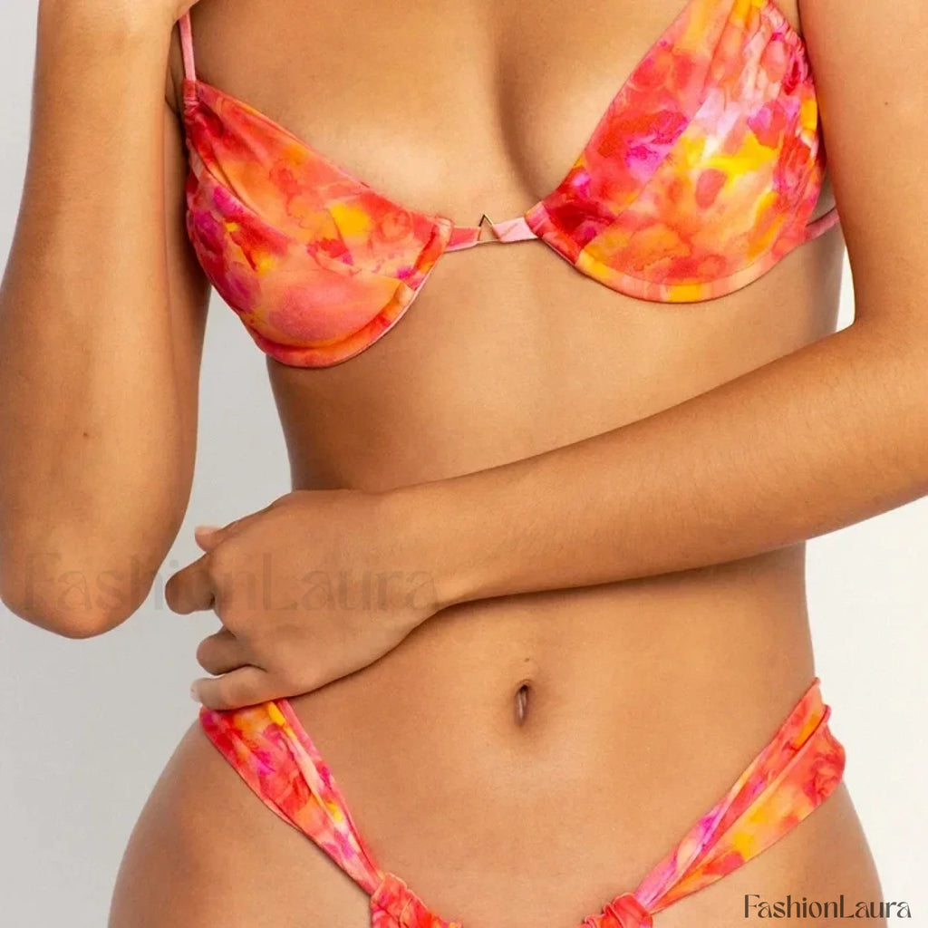 Colorful Ruched Suspender Bikini Set