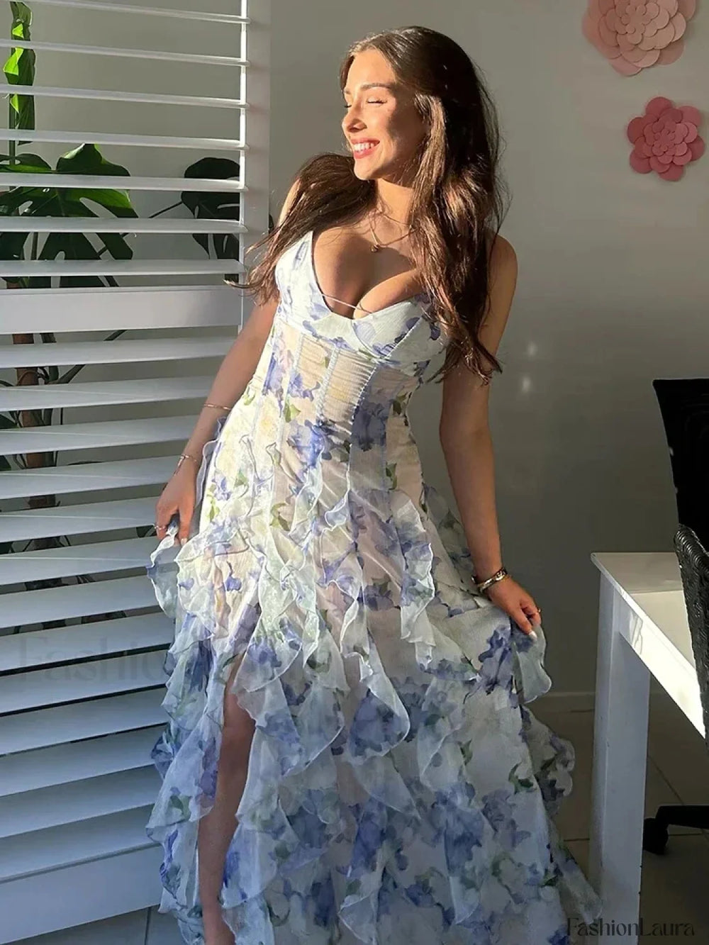 Colorful Spaghetti Strap Floral Dress Blue / XS