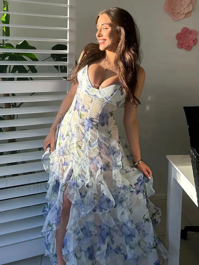 Colorful Spaghetti Strap Floral Dress Blue / XS Main image