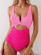 Contrast Color Hollow Out Chic One Piece Pink / S