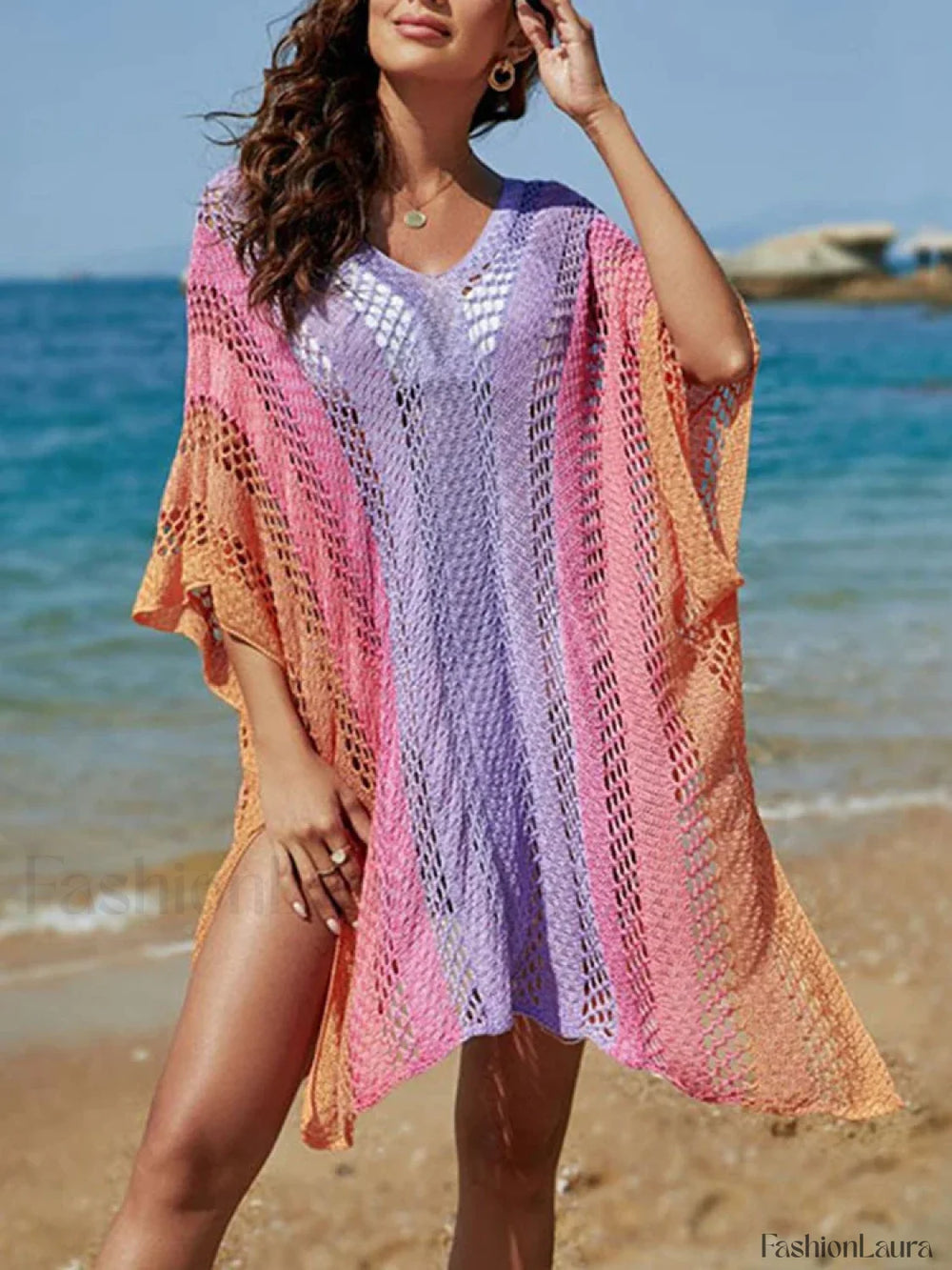 Contrast Color Knitted V Neck Cover Up Lavender / One Size