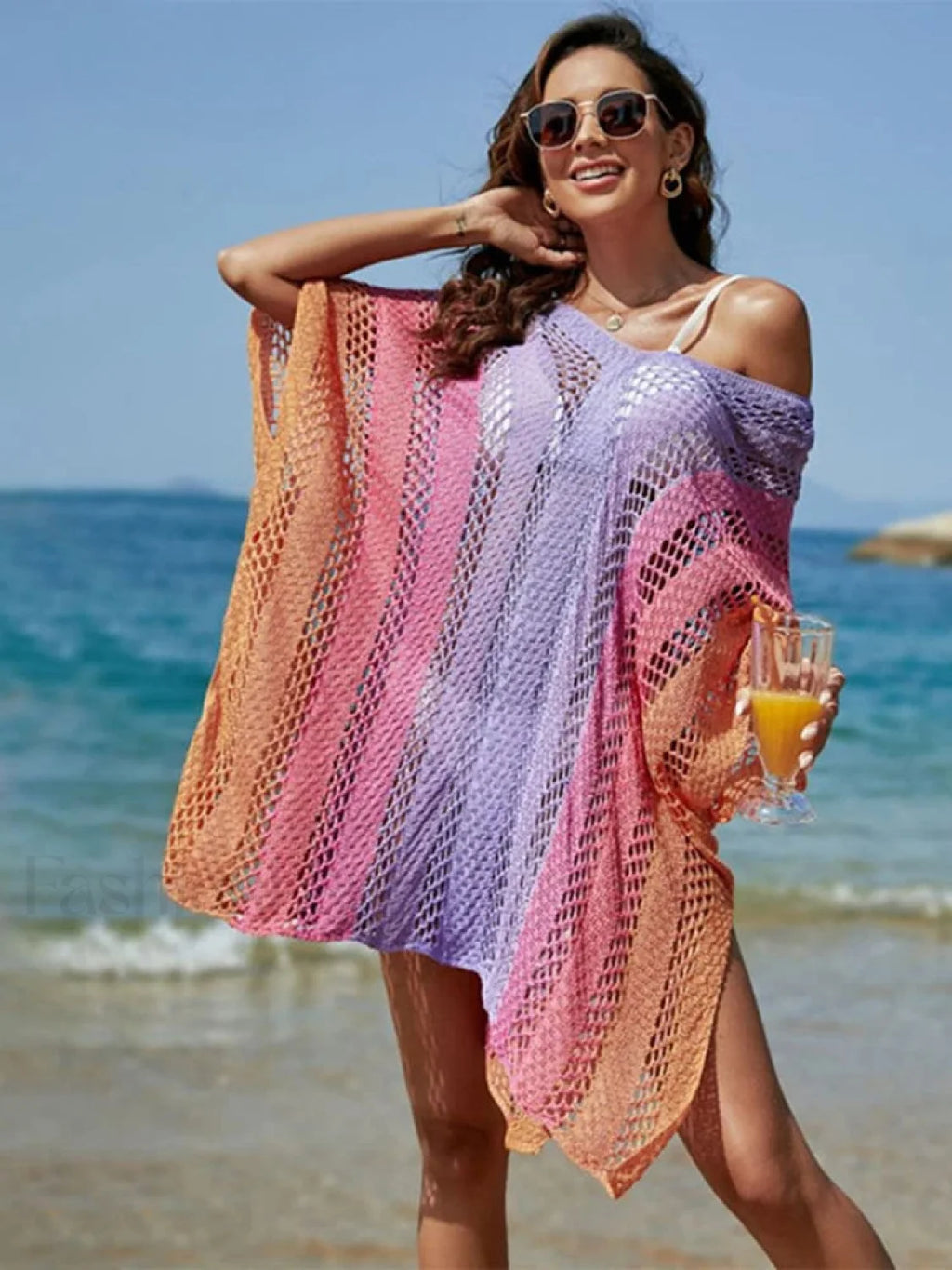 Contrast Color Knitted V Neck Cover Up Lavender / One Size