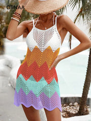 Contrast Color Sleeveless Hollow Cover Up