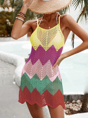 Contrast Color Sleeveless Hollow Cover Up Dark Pink / S