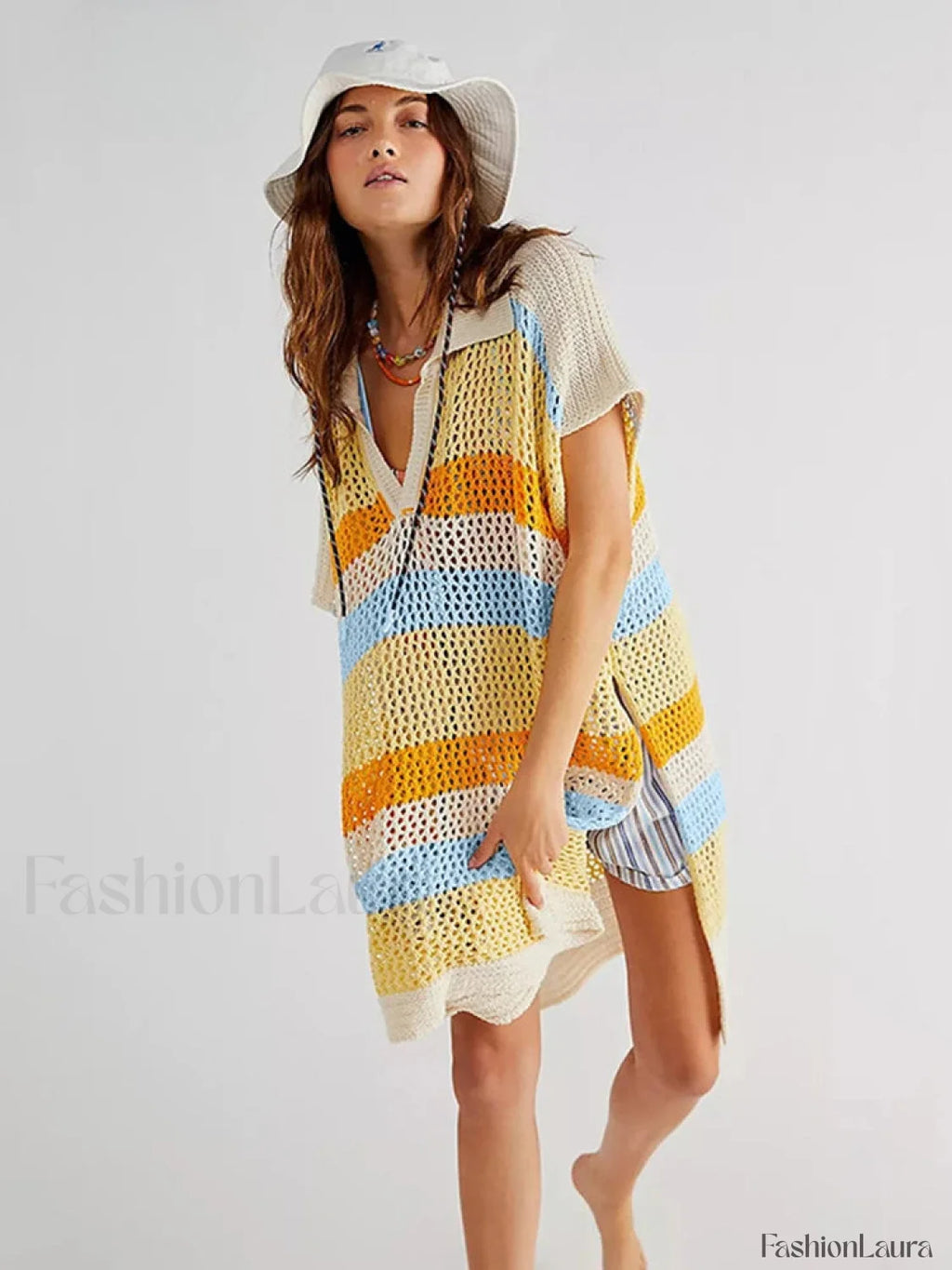 Contrast Color Slit Cut Hollow Cover Up