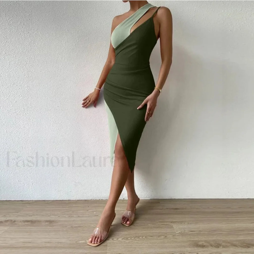 Contrast Cut Out Hip Midi Dress Green / M