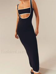 Contrast Hollow Knitted Maxi Dress