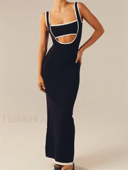 Contrast Hollow Knitted Maxi Dress