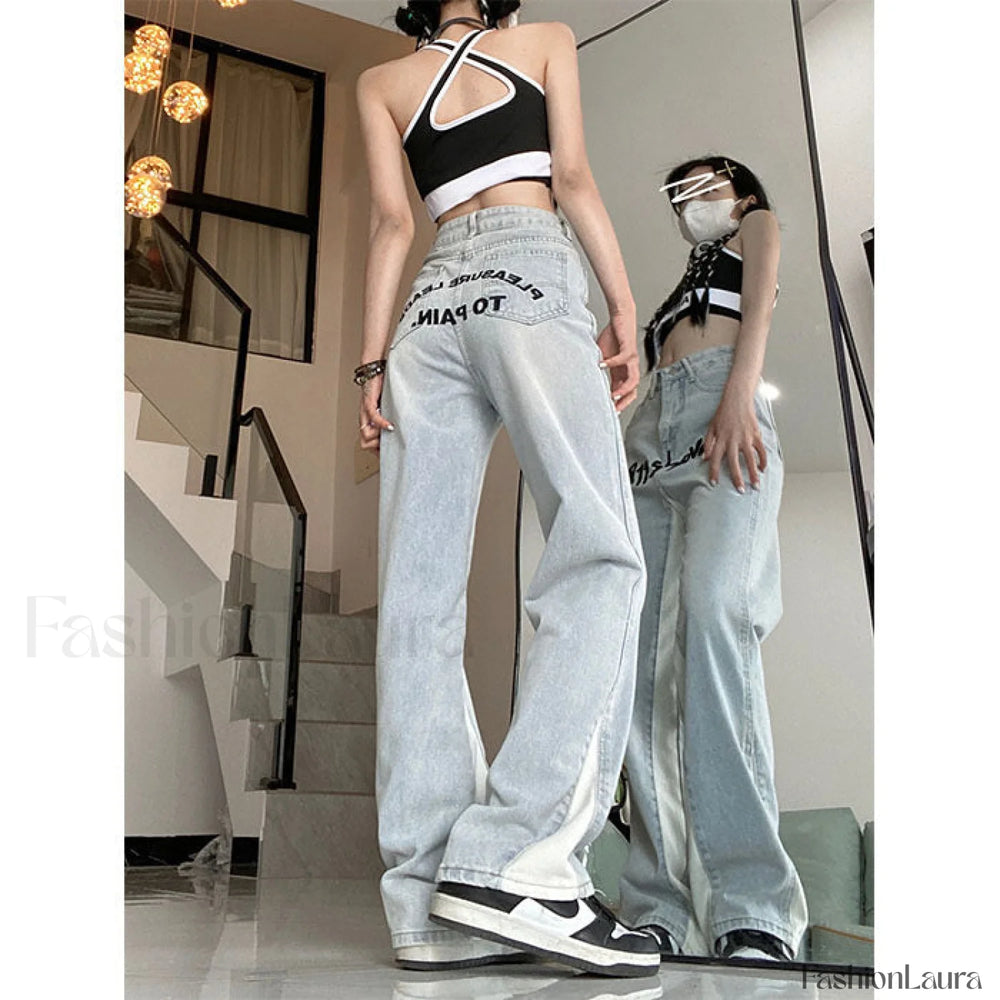 Contrast Letter Graceful Patchwork Straight Jeans women clothing
