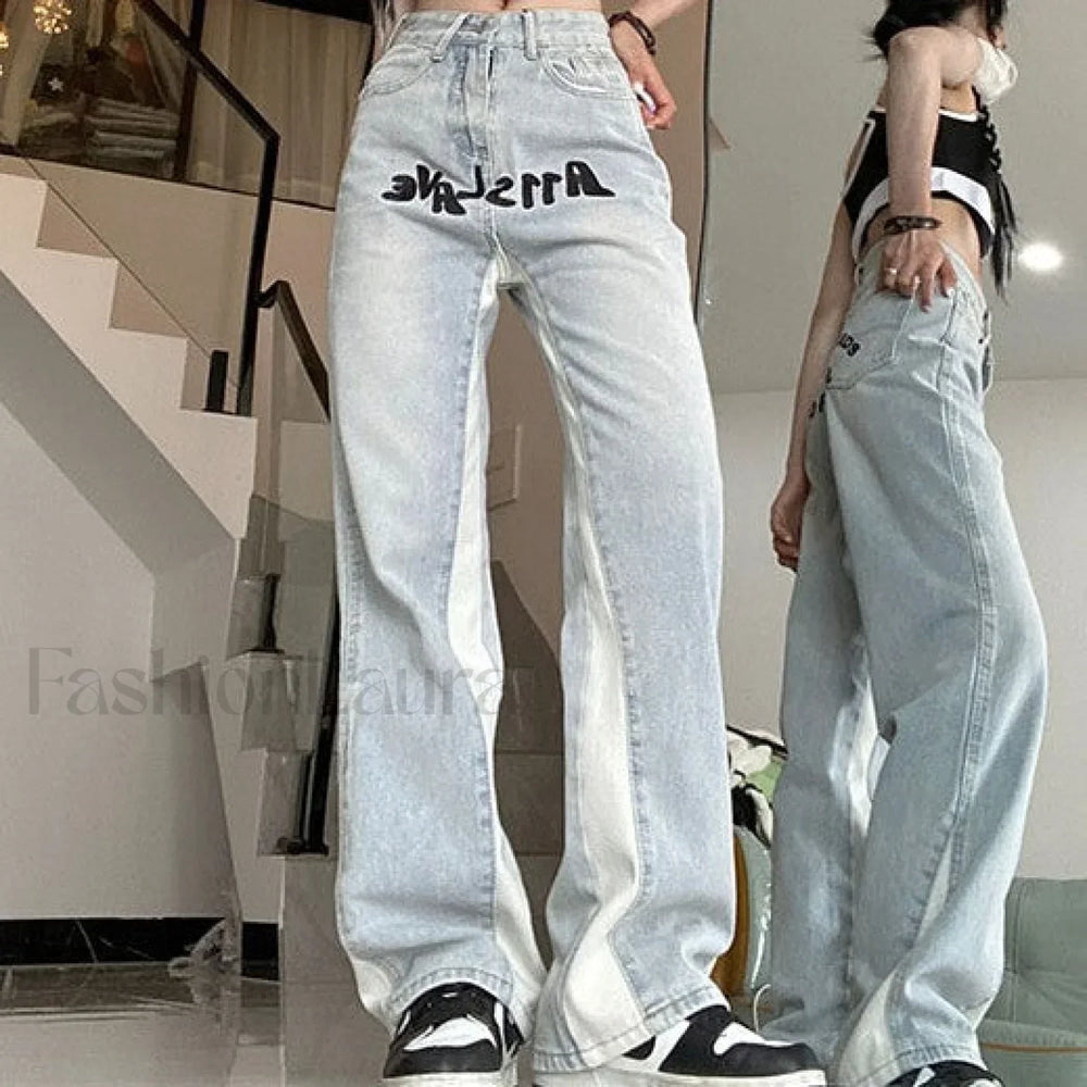 Contrast Letter Graceful Patchwork Straight Jeans women clothing
