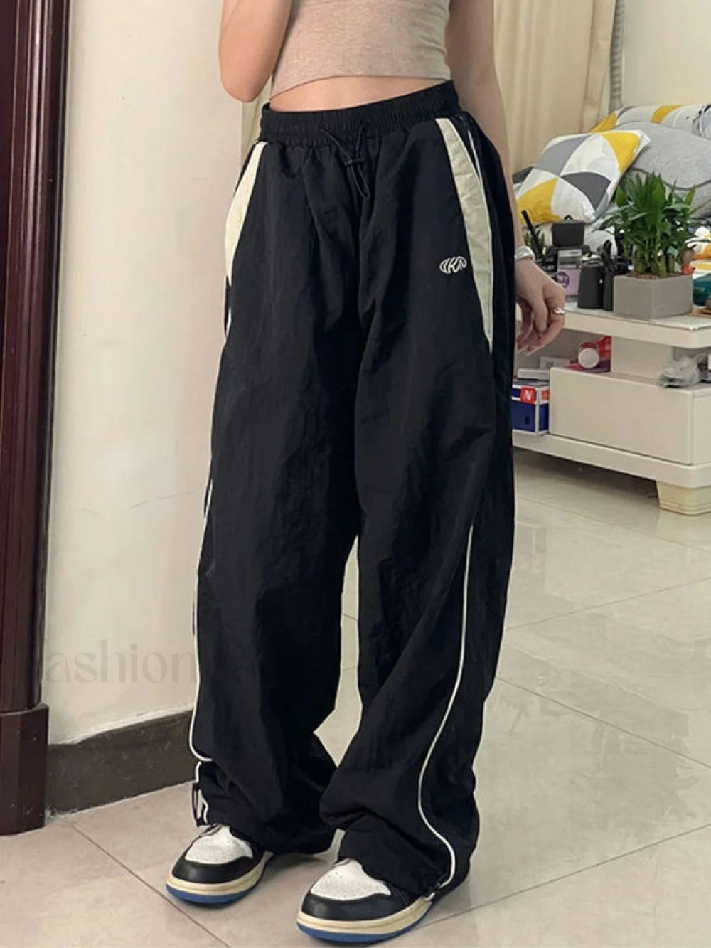 Contrast Piping Black Baggy Sweatpants Black / M Wide Leg Pants