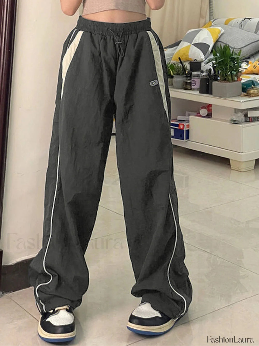 Contrast Piping Black Baggy Sweatpants Wide Leg Pants