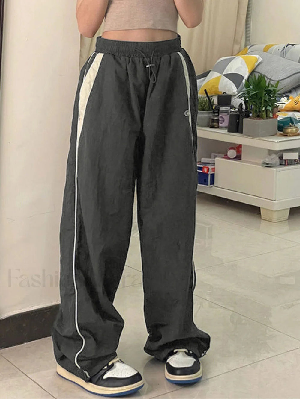 Contrast Piping Black Baggy Sweatpants Wide Leg Pants