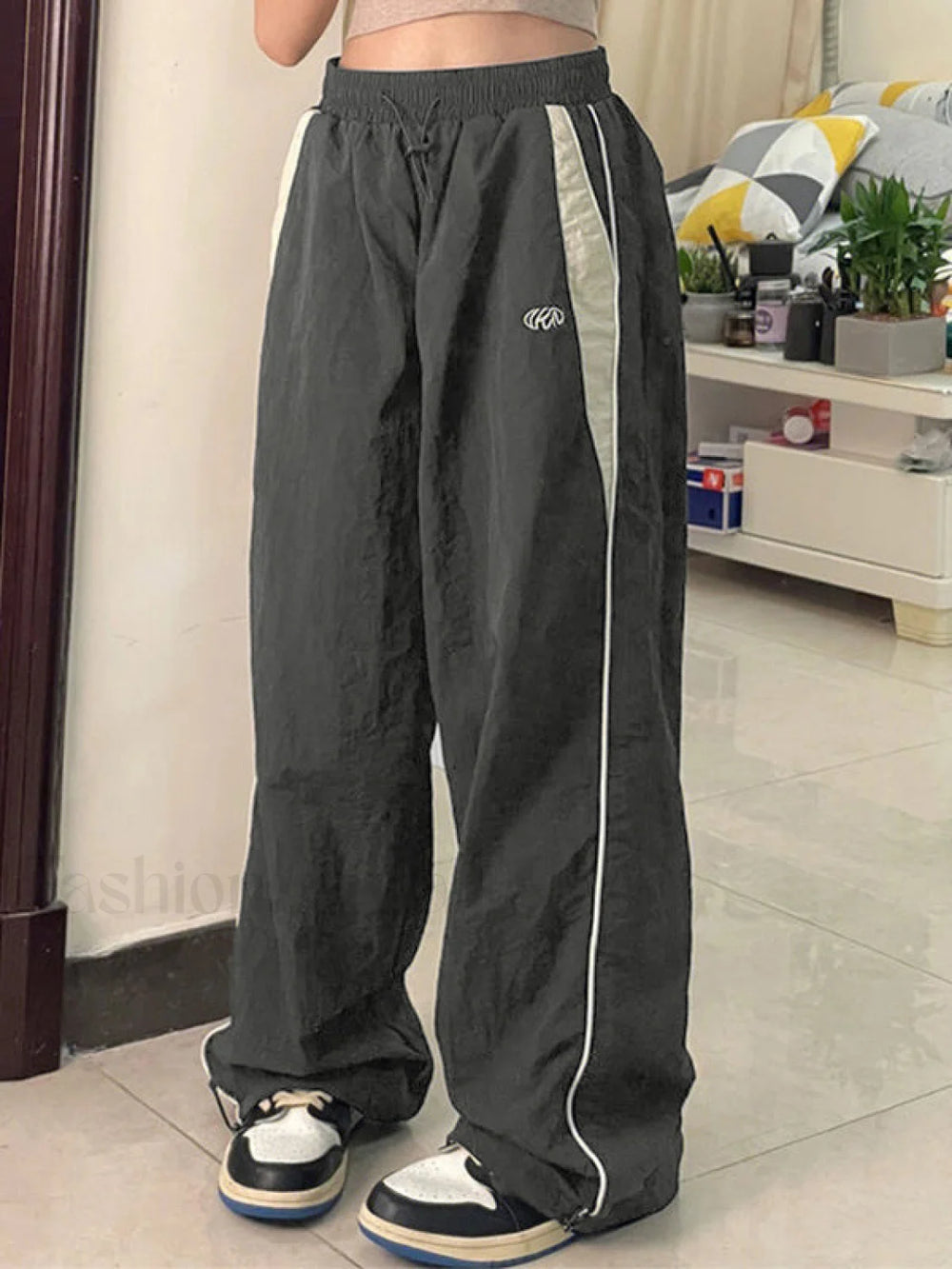 Contrast Piping Black Baggy Sweatpants Wide Leg Pants