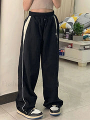 Contrast Piping Black Baggy Sweatpants Wide Leg Pants