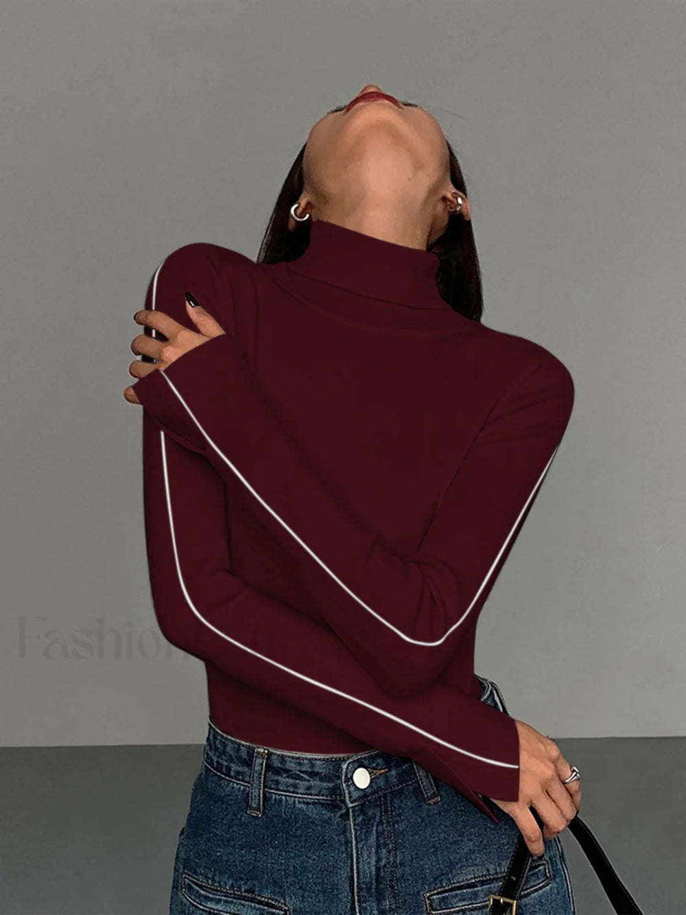 Contrast Piping Turtleneck Sweater Burgundy / XS Sweaters