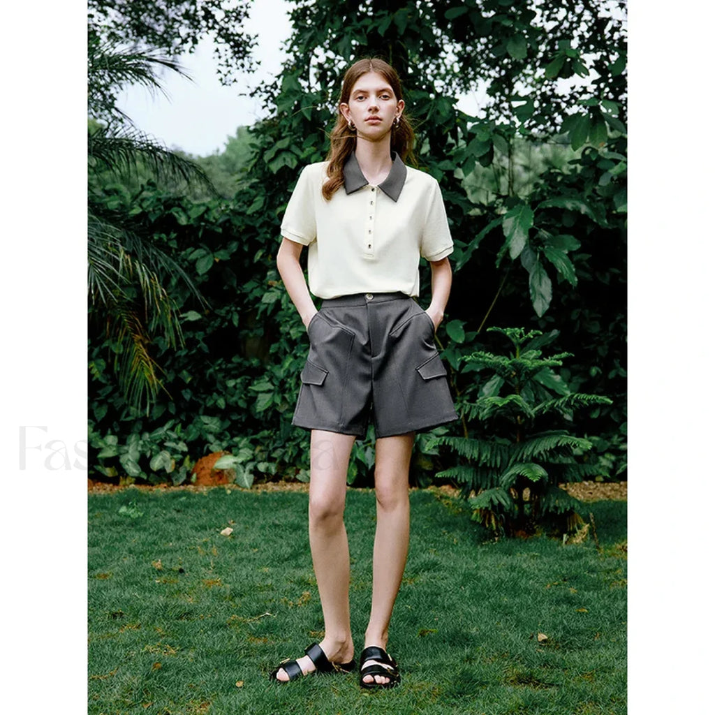 Contrast Polo Collar Pearl Pullover T Shirt