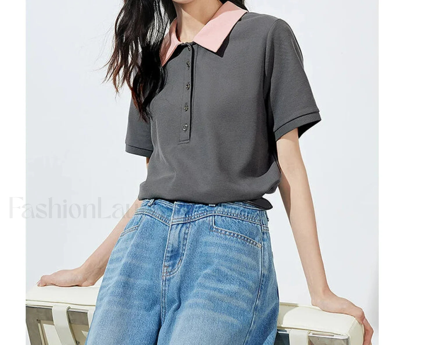 Contrast Polo Collar Pearl Pullover T Shirt Dark Gray / S
