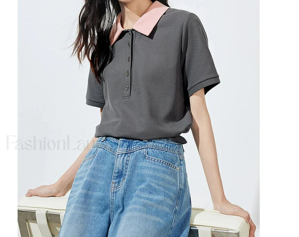 Contrast Polo Collar Pearl Pullover T Shirt Dark Gray / S