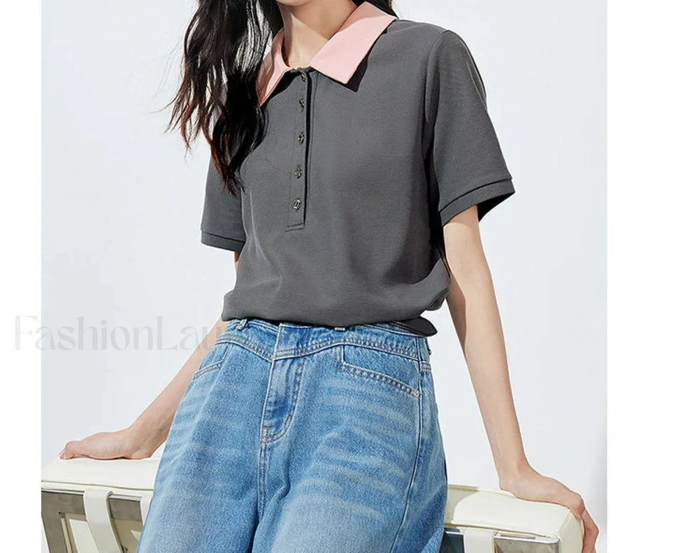 Contrast Polo Collar Pearl Pullover T Shirt Dark Gray / S