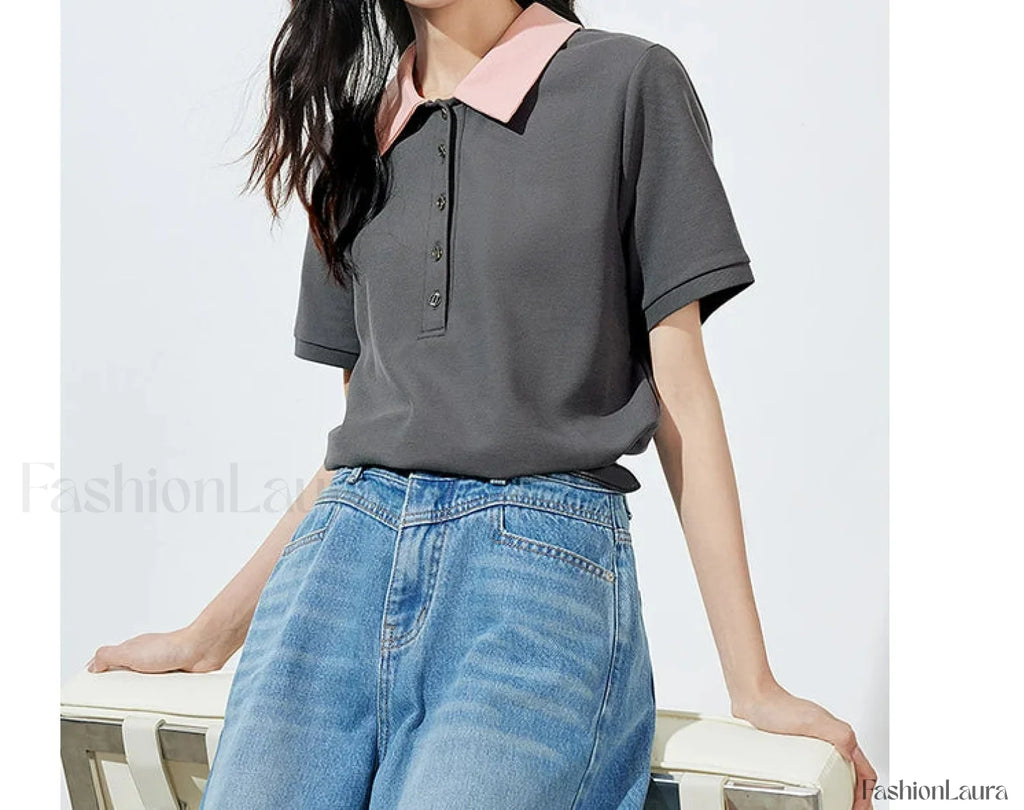 Contrast Polo Collar Pearl Pullover T Shirt Dark Gray / S