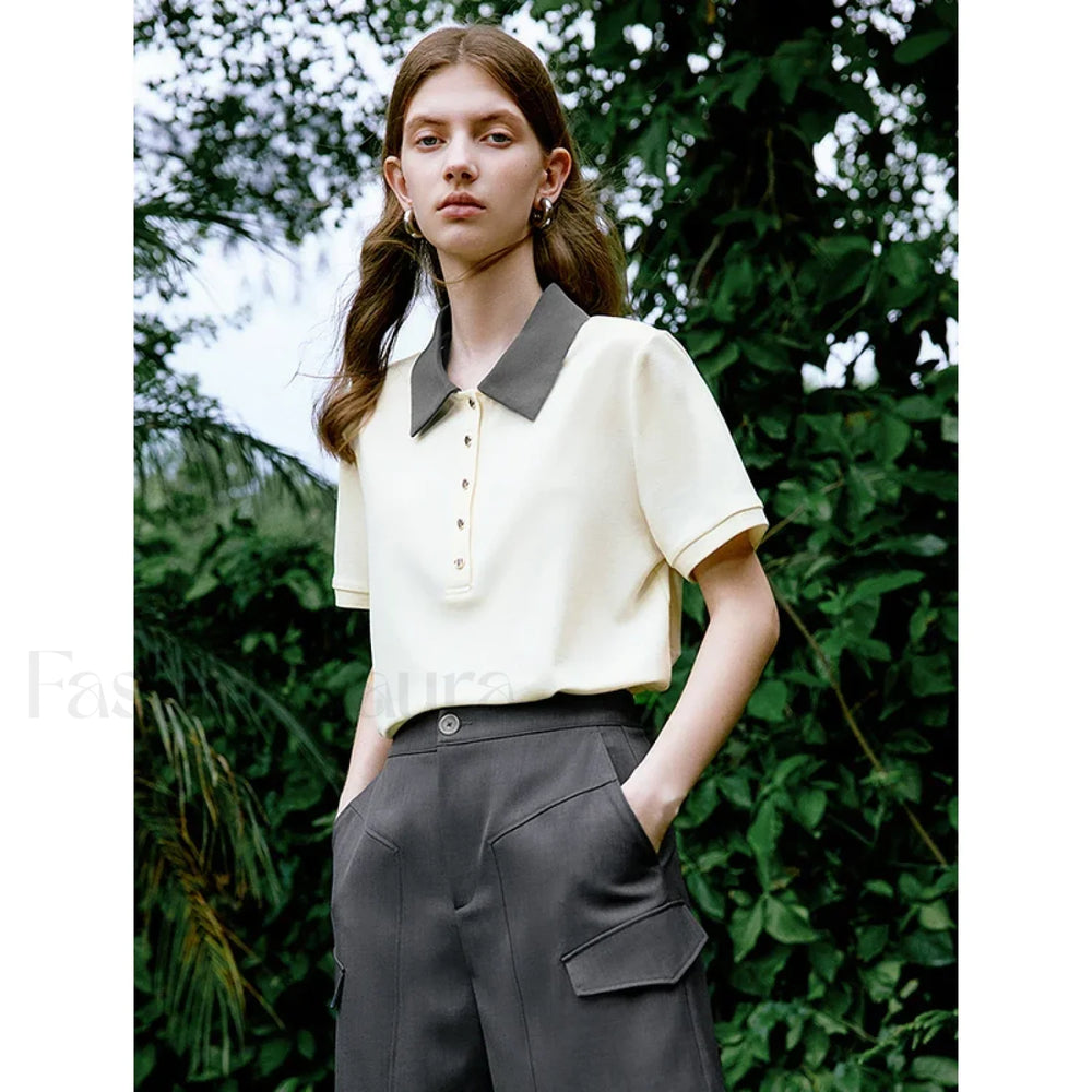 Contrast Polo Collar Pearl Pullover T Shirt Light Yellow / S