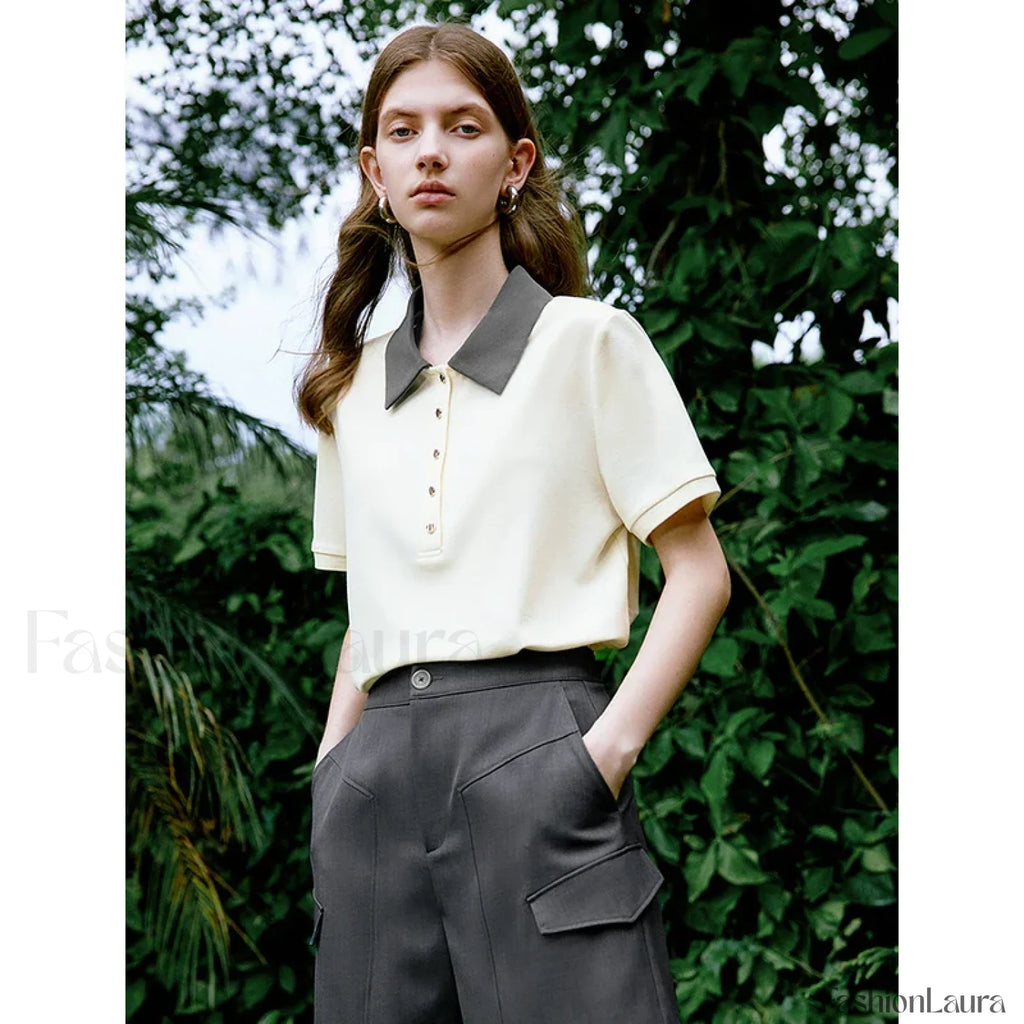 Contrast Polo Collar Pearl Pullover T Shirt Light Yellow / S