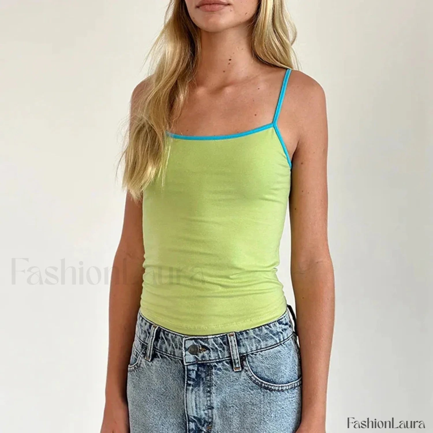 Contrast Spaghetti Strap Crop Top Light Green / S