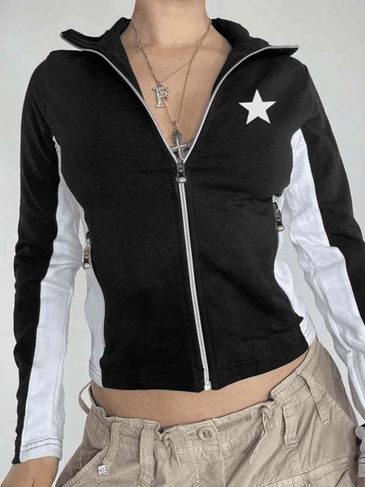 Contrast Star Print Zip Up Jacket Black / S Jackets Main image
