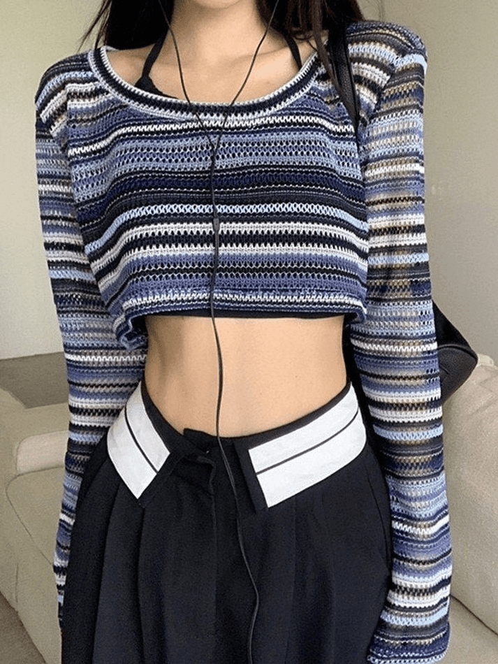 Contrast Striped Crochet Knit Crop Top Blue / ONE SIZE Sweaters Main image