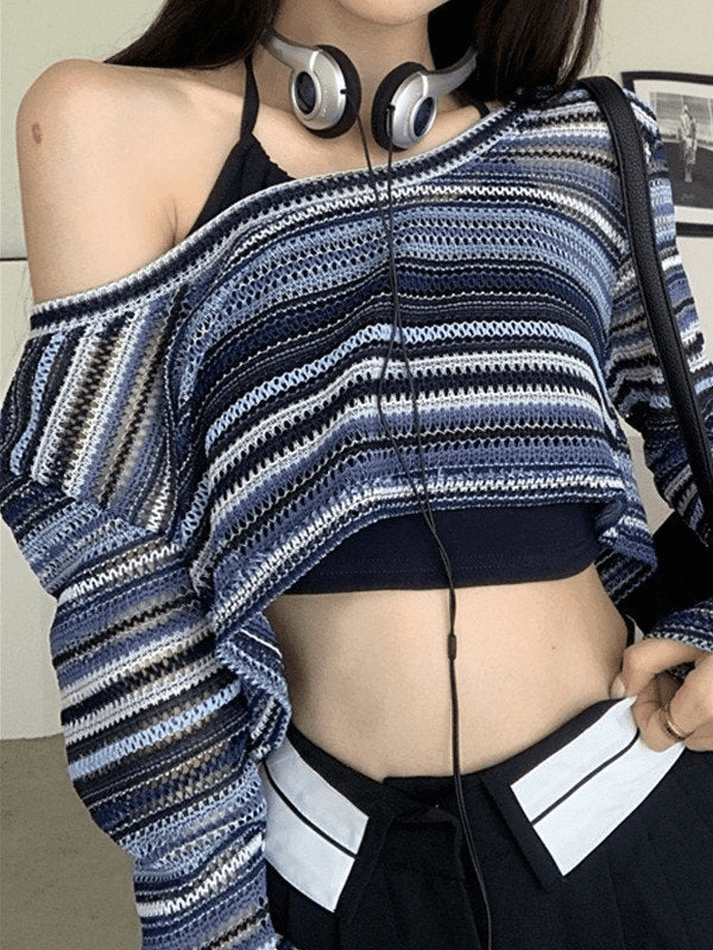 Contrast Striped Crochet Knit Crop Top Blue / ONE SIZE Sweaters