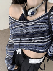 Contrast Striped Crochet Knit Crop Top Blue / ONE SIZE Sweaters