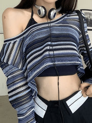 Contrast Striped Crochet Knit Crop Top Blue / ONE SIZE Sweaters