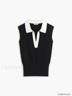 Contrast Trim Collar V neck Knit Sweater Vest Sweater Vests