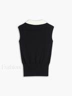 Contrast Trim Collar V neck Knit Sweater Vest Sweater Vests
