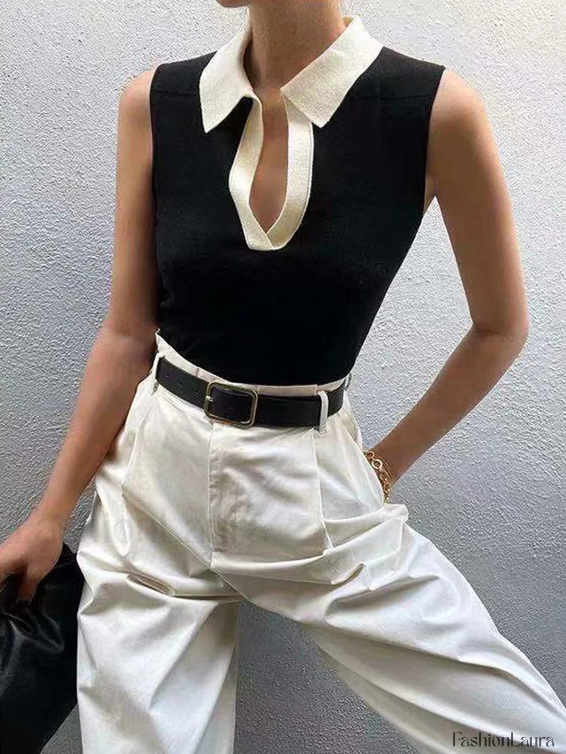 Contrast Trim Collar V neck Knit Sweater Vest Sweater Vests