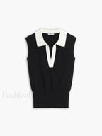 Contrast Trim Collar V neck Knit Sweater Vest Sweater Vests