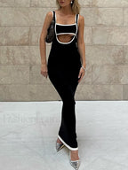 Contrast Trim Cutout Long Sweater Dress Black / XS Sweater Dresses