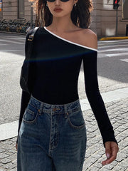 Contrast Trim Off Shoulder Long Sleeve Shirt T Shirts