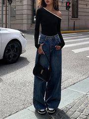 Contrast Trim Off Shoulder Long Sleeve Shirt T Shirts